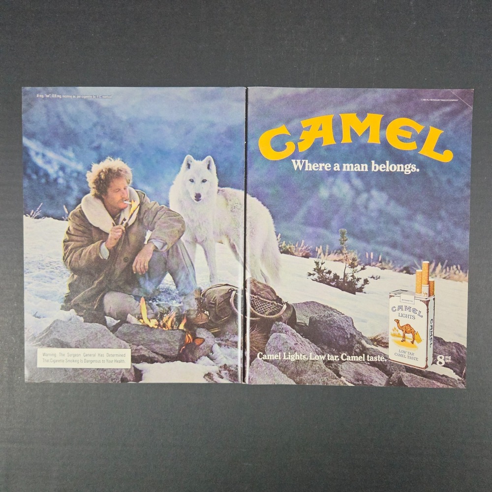 1981 RJ Reynolds Tobacco Camel‎ Cigarettes Vintage Print Ad Snowy Mountains Wolf